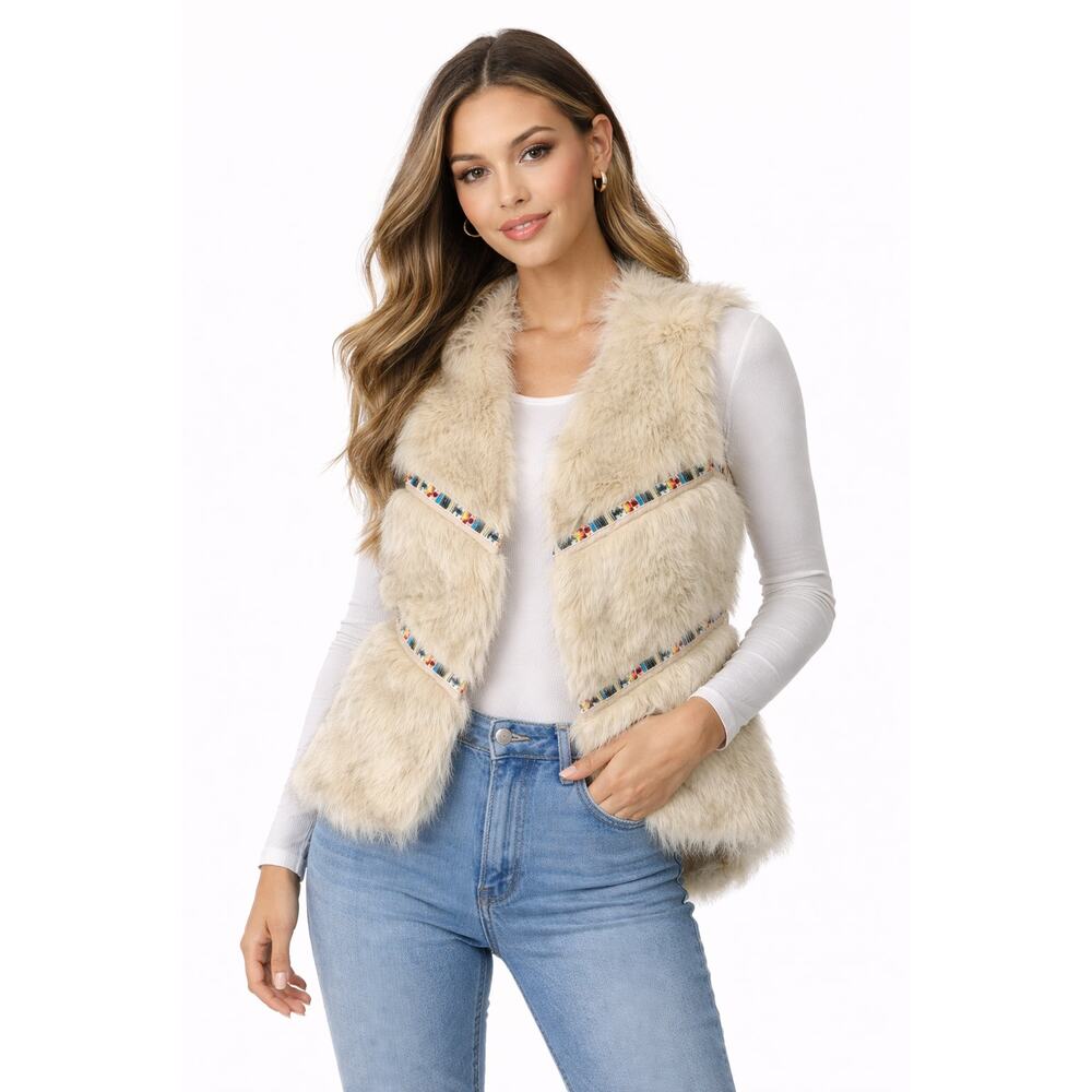 NWT Boho Cream Faux Fur Vest Embroidered Trim Open Front Women's Size‎ Small